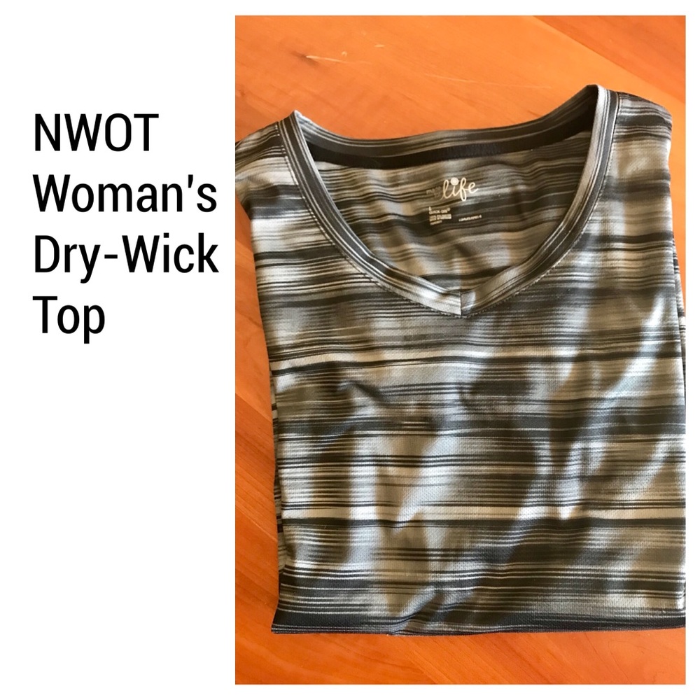 Woman’s black multicolored dry wick tee